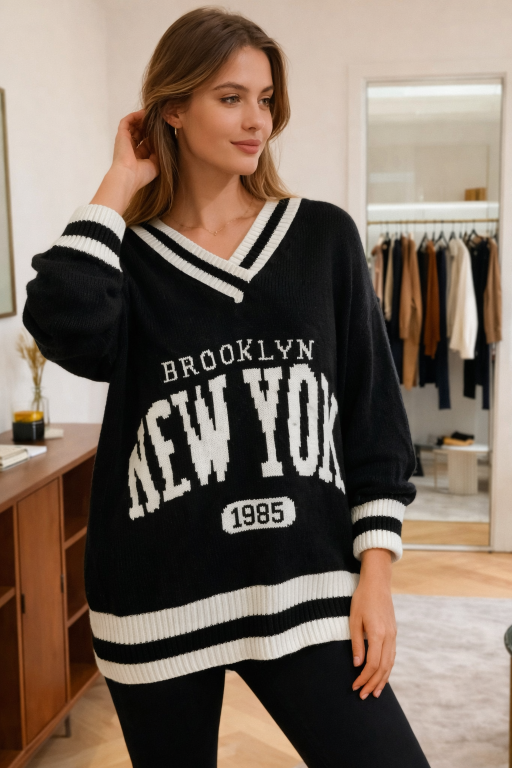 Pull oversize bicolore à col V “New York”